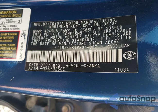 4T4BE46K48R014967: 43251911