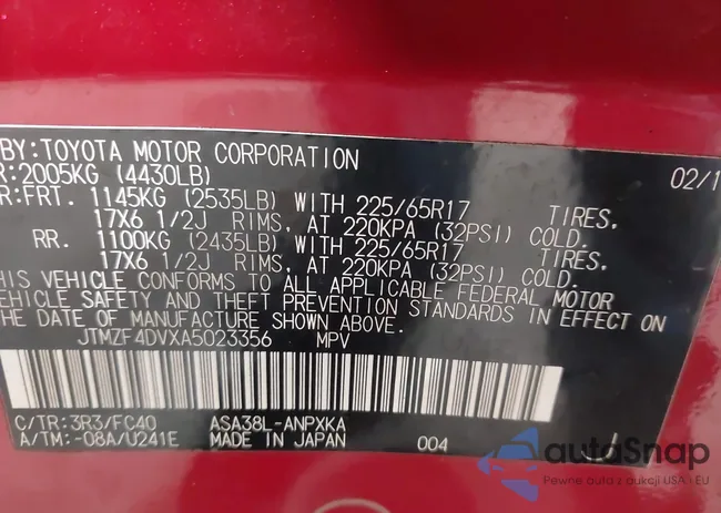 JTMZF4DVXA5023356: 43252097