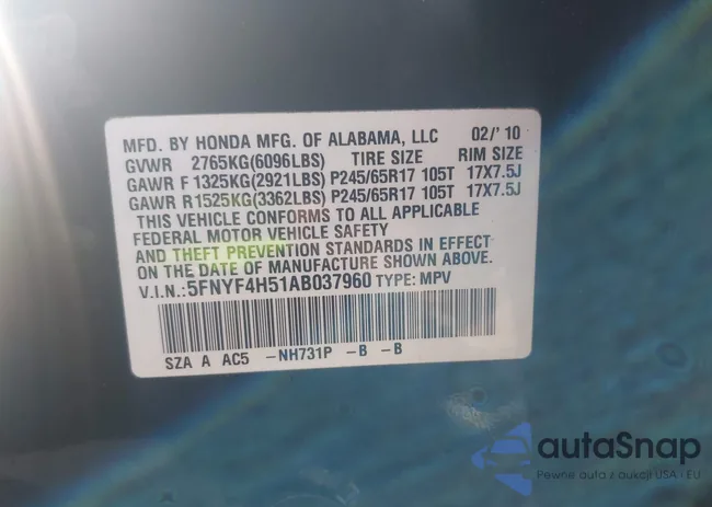 5FNYF4H51AB037960: 43254106