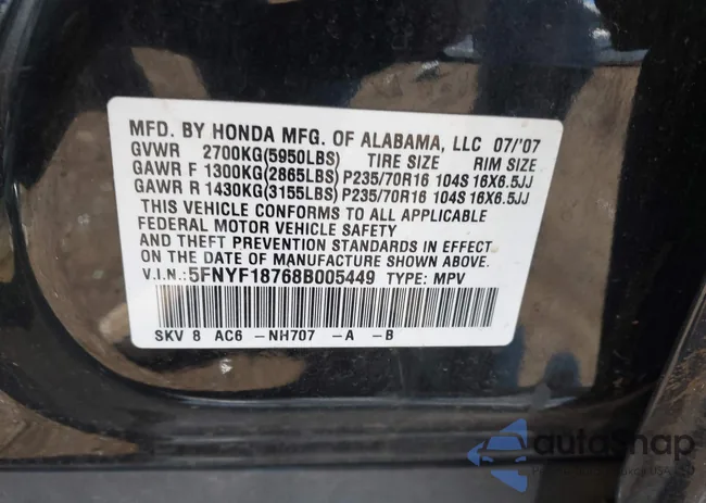 5FNYF18768B005449: 43254214