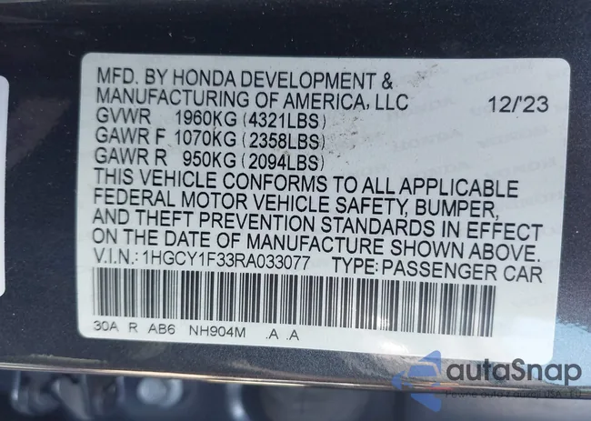 1HGCY1F33RA033077: 43253545