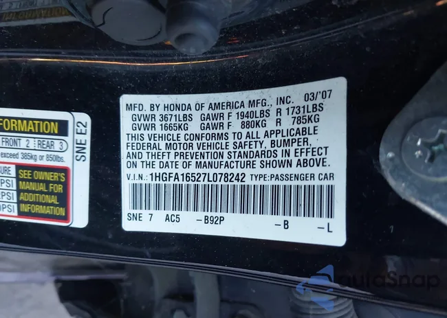 1HGFA16527L078242: 43254829