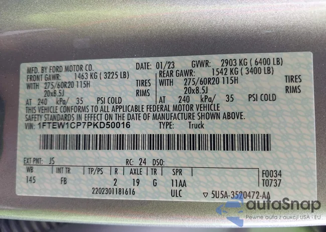 1FTEW1CP7PKD50016: 43256112