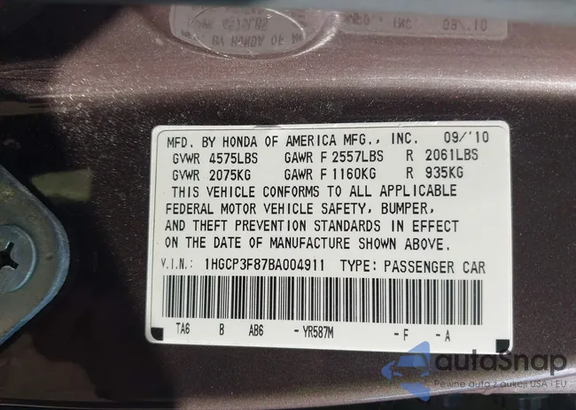 1HGCP3F87BA004911: 43255495