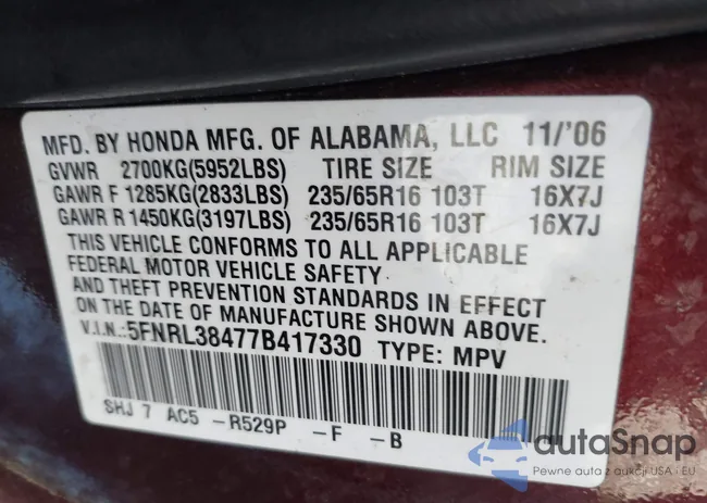 5FNRL38477B417330: 43255576