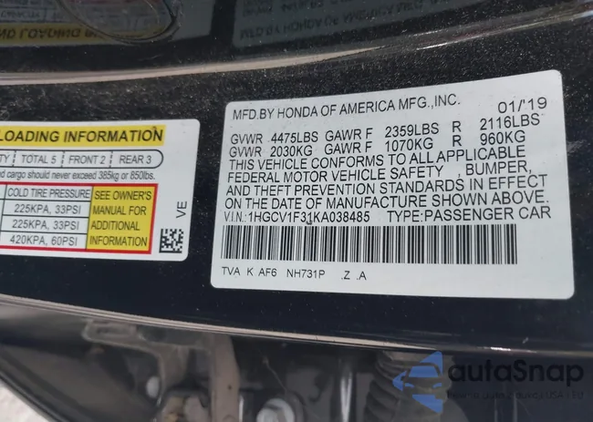 1HGCV1F31KA038485: 43255592