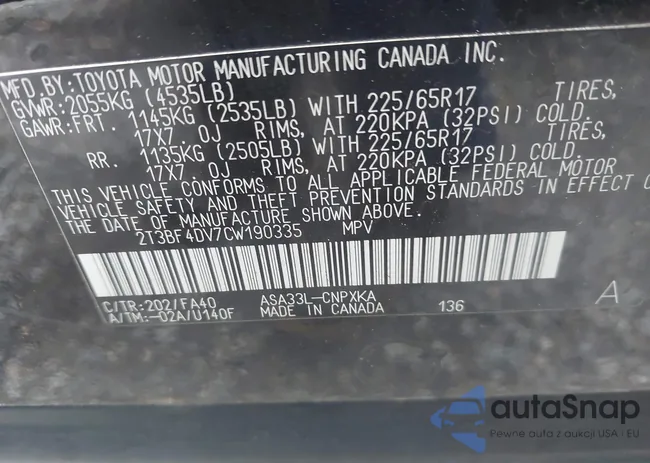 2T3BF4DV7CW190335: 43256879