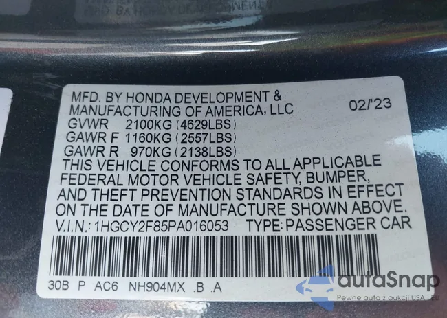 1HGCY2F85PA016053: 43256962