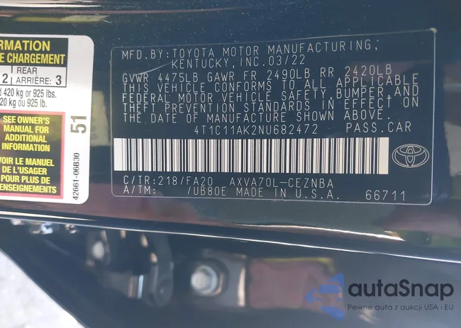 4T1C11AK2NU682472: 43257259