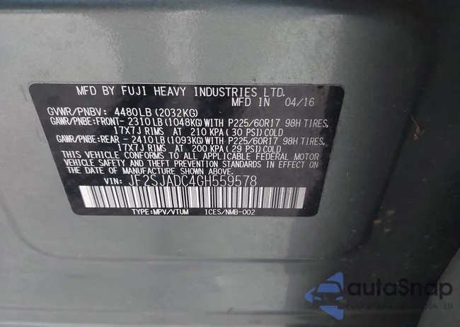 JF2SJADC4GH559578: 43256567