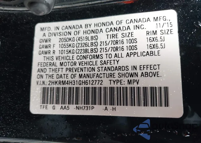 2HKRM4H31GH612772: 43256610