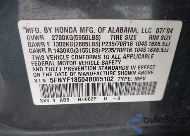 5FNYF18504B005102: 43258188