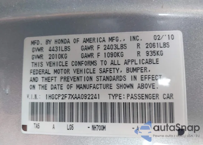 1HGCP2F7XAA092241: 43258233