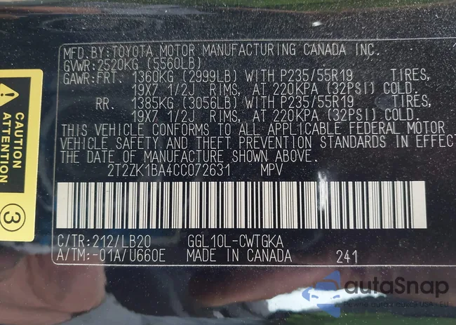 2T2ZK1BA4CC072631: 43257685