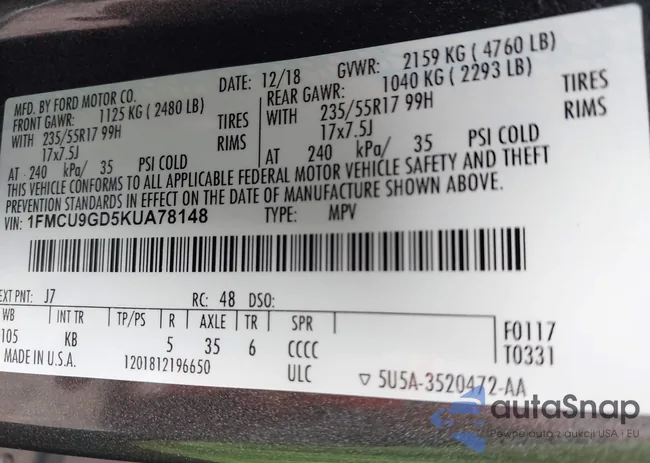 1FMCU9GD5KUA78148: 43259007