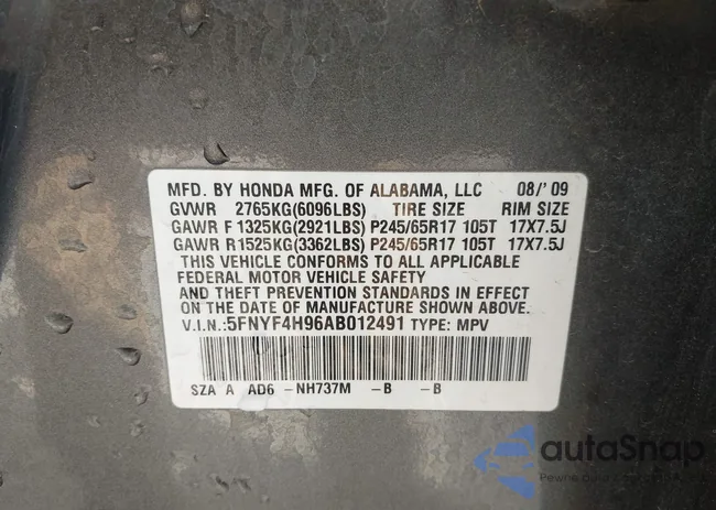 5FNYF4H96AB012491: 43259333