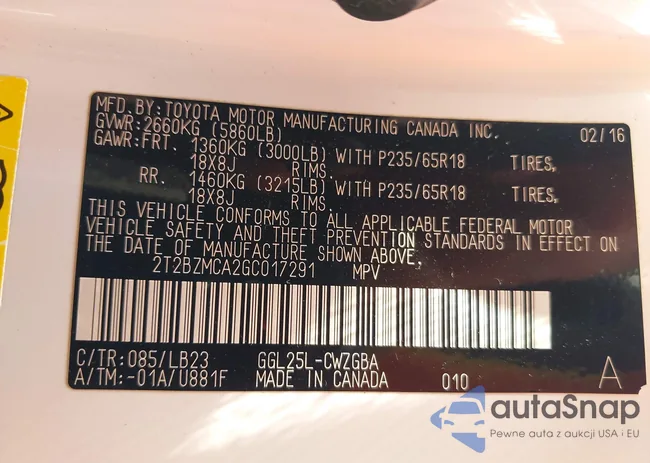 2T2BZMCA2GC017291: 43258526