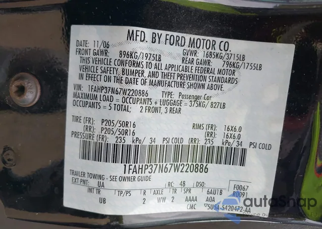 1FAHP37N67W220886: 43258780
