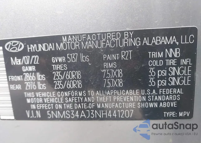 5NMS34AJ3NH441207: 43260096