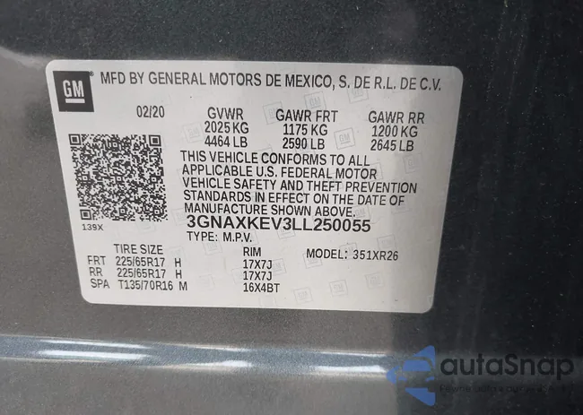 3GNAXKEV3LL250055: 43260136