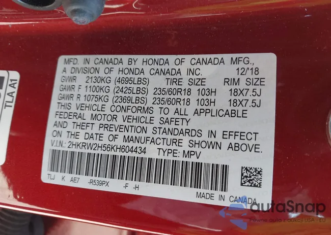 2HKRW2H56KH604434: 43260285