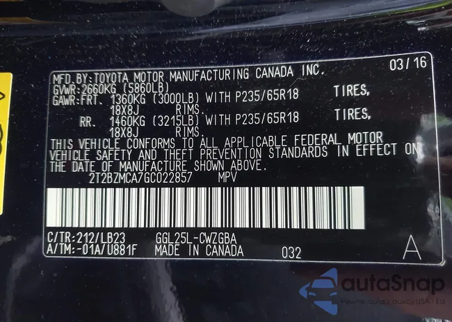 2T2BZMCA7GC022857: 43259475