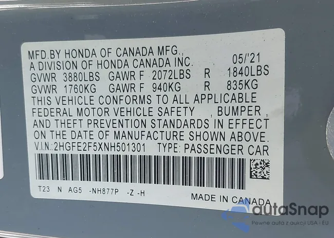 2HGFE2F5XNH501301: 43259737