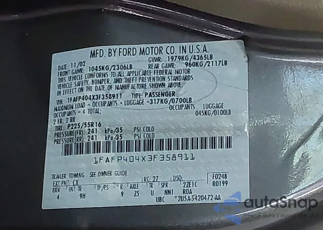 1FAFP404X3F358911: 43259738