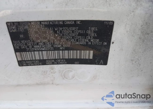 2T3ZF4DVXAW022135: 43261039