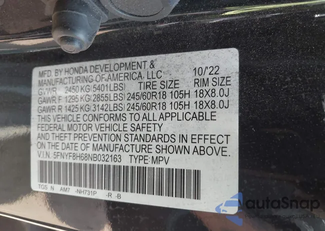 5FNYF8H68NB032163: 43262081