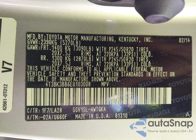 4T3BK3BB6EU103008: 43262253