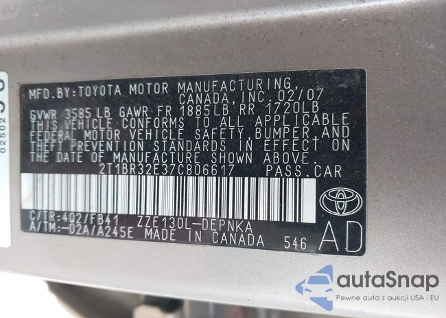 2T1BR32E37C806617: 43262319