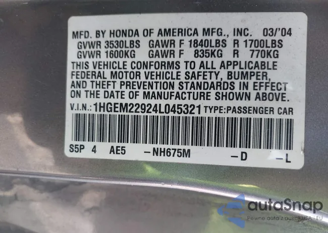 1HGEM22924L045321: 43262740