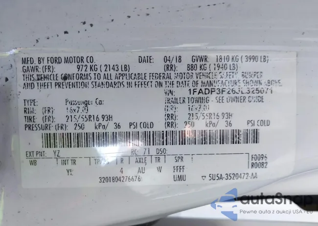 1FADP3F26JL325071: 43262760