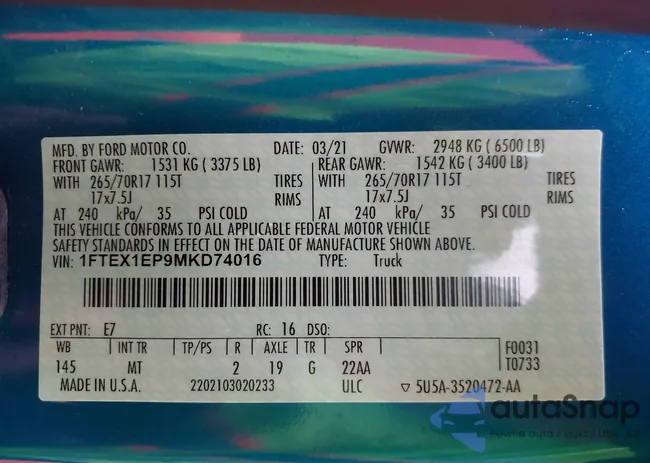 1FTEX1EP9MKD74016: 43264246