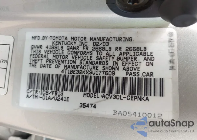 4T1BE32KX3U177609: 43263473