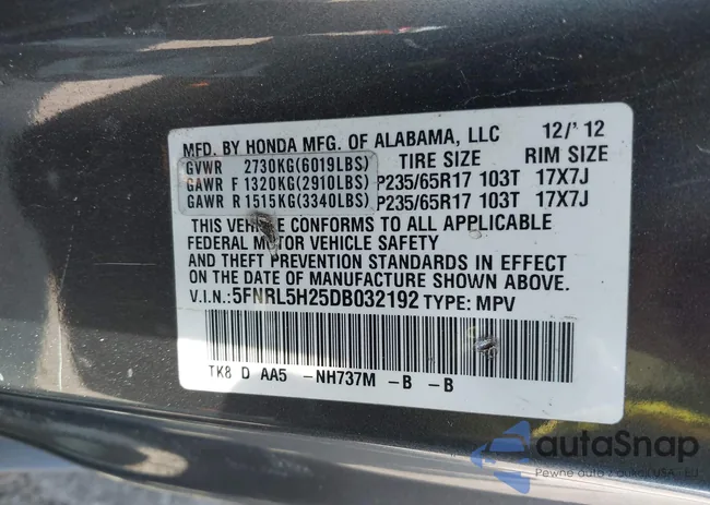 5FNRL5H25DB032192: 43265170