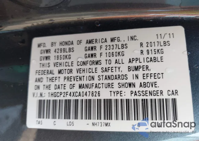 1HGCP2F4XCA047826: 43268564