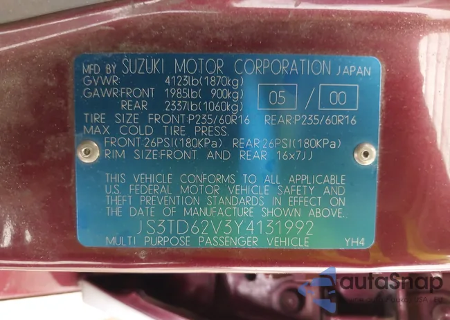 JS3TD62V3Y4131992: 43270225