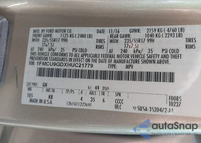 1FMCU9GDXHUC21779: 43269673