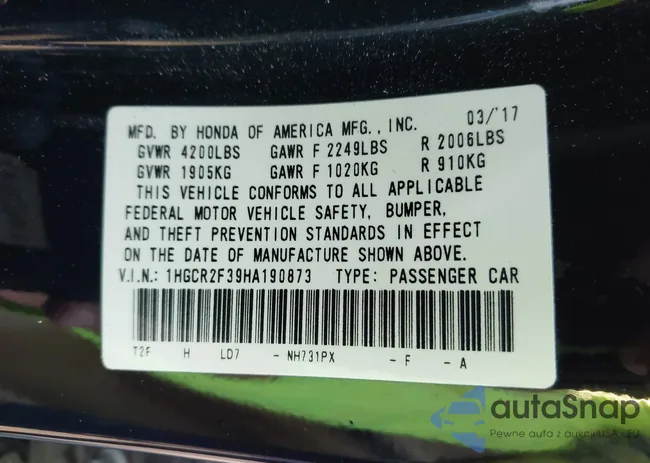 1HGCR2F39HA190873: 43270886