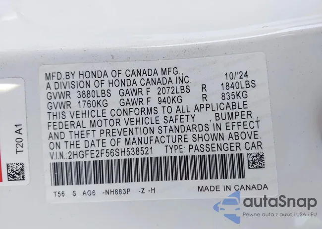 2HGFE2F56SH538521: 43271246