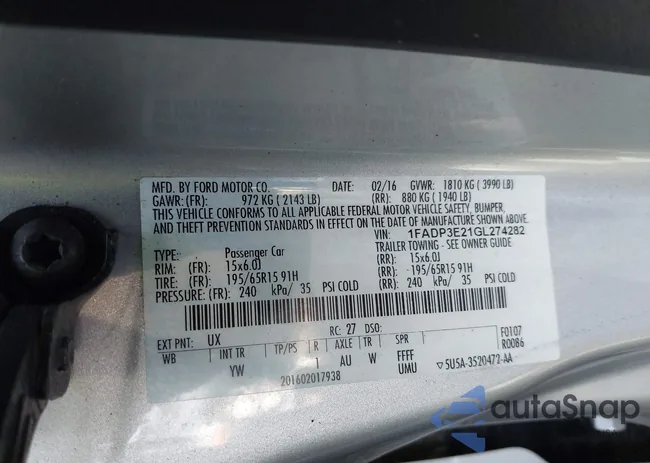 1FADP3E21GL274282: 43271733