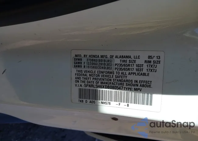 5FNRL5H6XDB080547: 43273004