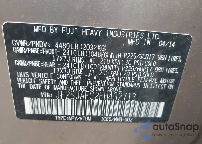 JF2SJAFC2FH432713: 43273087