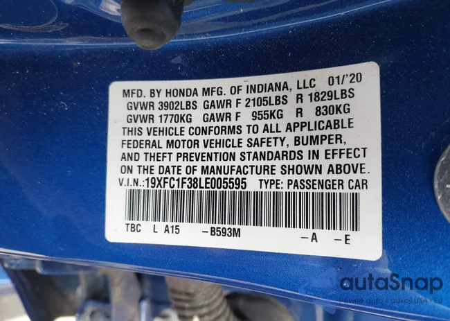 19XFC1F38LE005595: 43276342