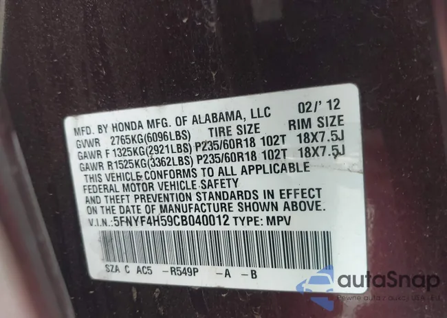 5FNYF4H59CB040012: 43275495