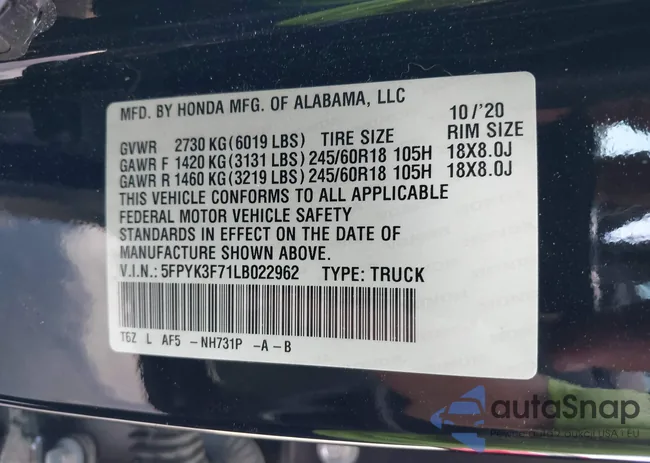 5FPYK3F71LB022962: 43276987