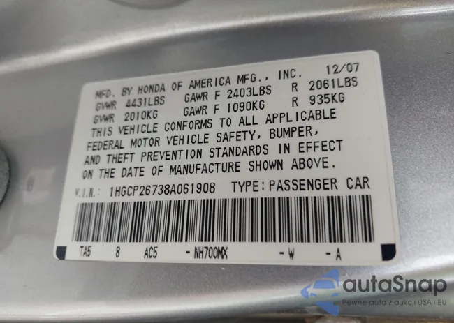 1HGCP26738A061908: 43277270