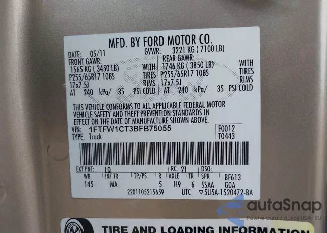 1FTFW1CT3BFB75055: 43278039